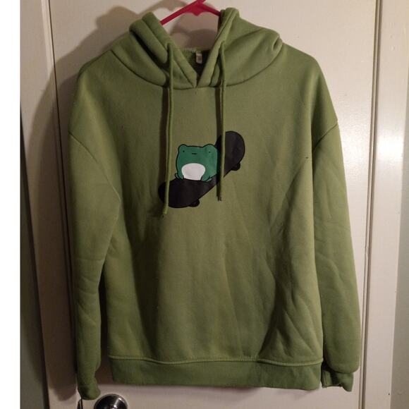 Kawaii Green Animal Patch Hoodie S Fleece Lined Pullover Sweatshirt Bear Frog - Picture 1 of 6